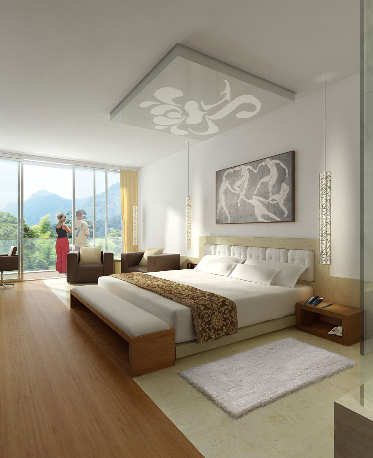 Chambre à coucher avec balcon Grande chambre des maîtres avec un balcon. Cette vaste chambre à coucher a un plancher en bois franc et une appliquée de plafond.